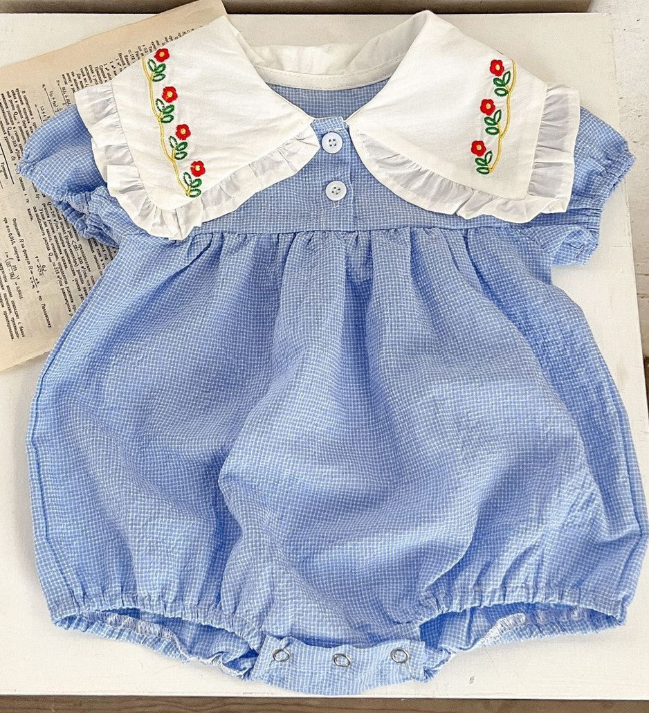 Plaid Floral Embroidered Lapel Romper