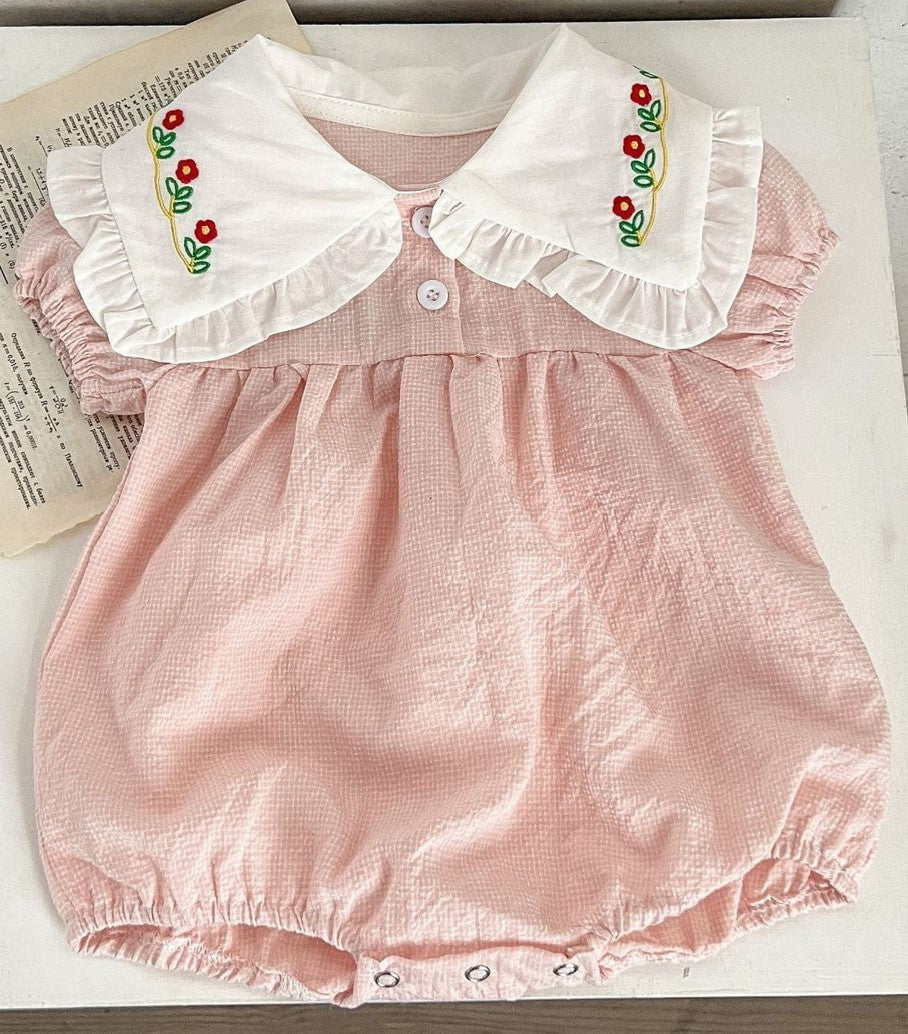 Plaid Floral Embroidered Lapel Romper