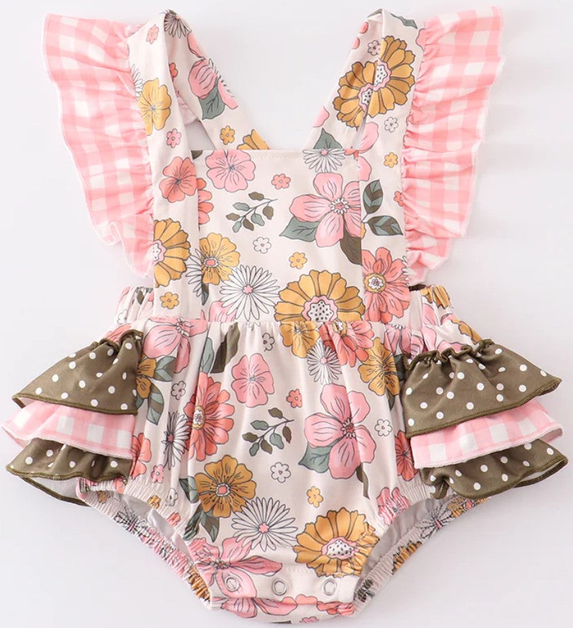 Coral Floral Print Ruffle Girl Bubble