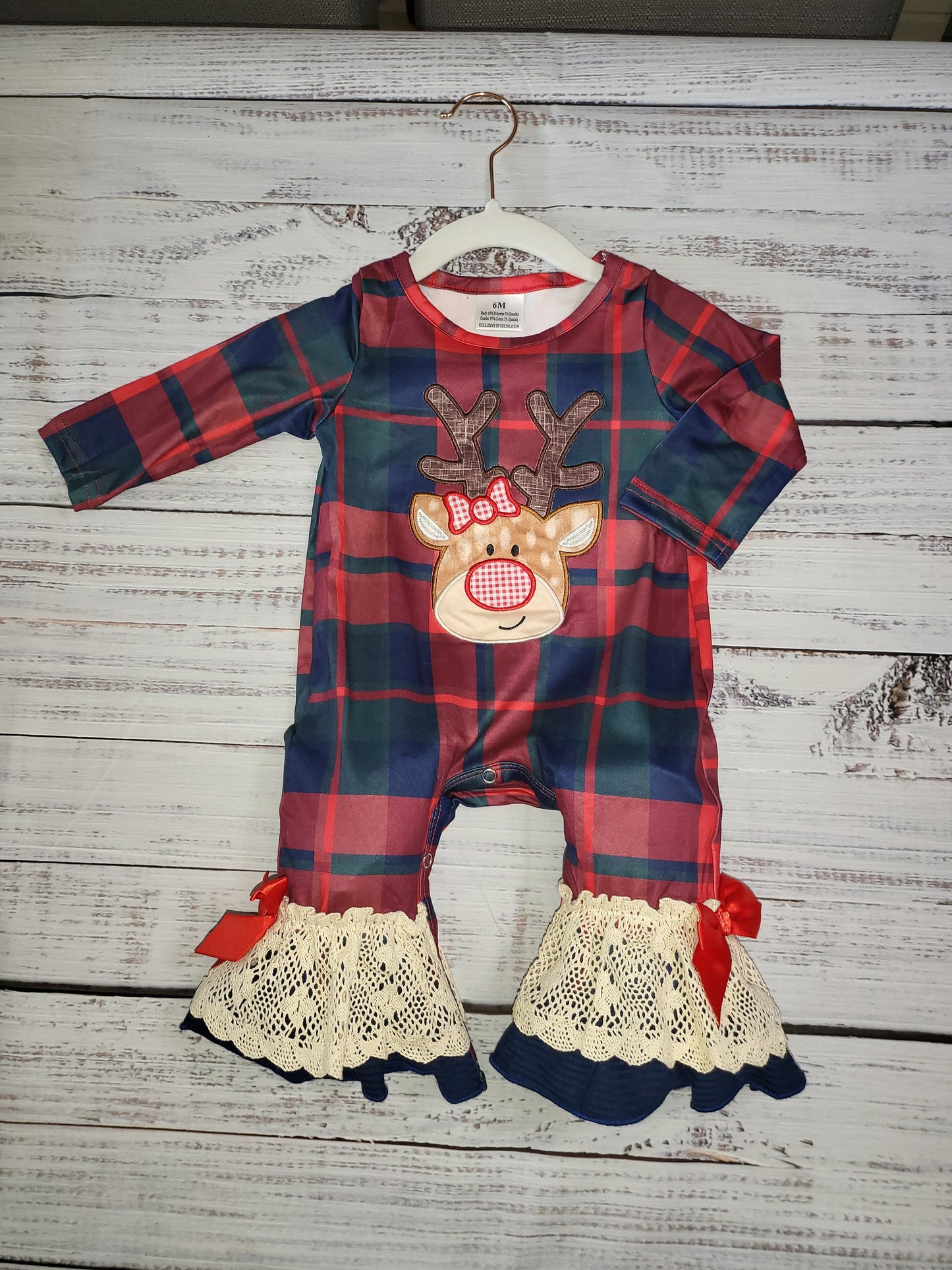 Plaid Reindeer Long Sleeve Romper