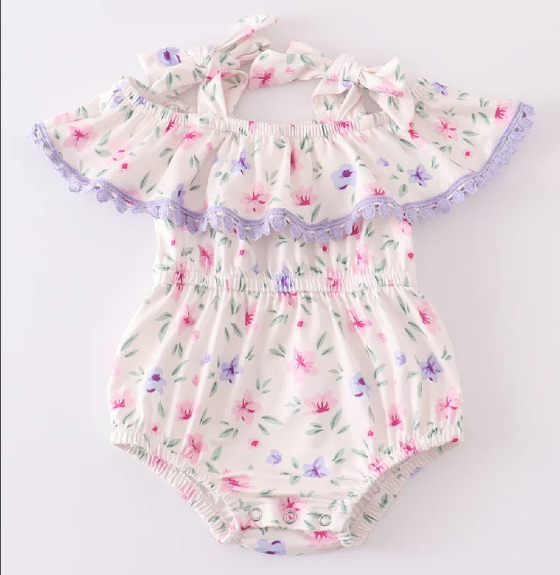 Purple Floral Ruffled Romper