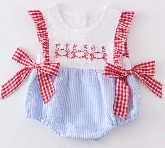 Blue Crab Embroidery Seersucker Bubble Romper