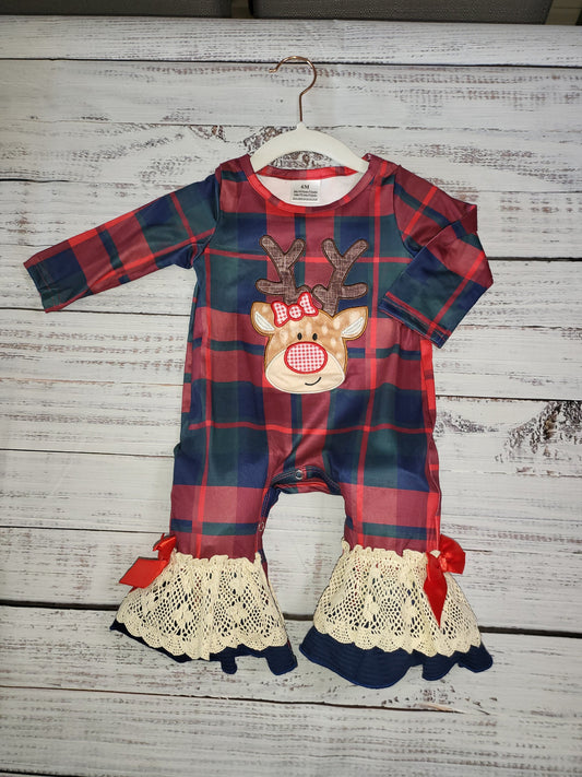 Plaid Reindeer Long Sleeve Romper