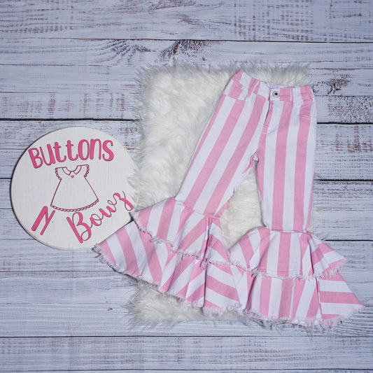 Pink Striped Double Layered Bellbottom Jeans