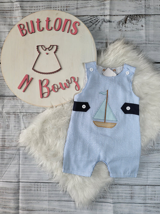 Baby Boy Sailboat JonJon Romper | Nautical Striped Outfit | Boutique Baby Gift